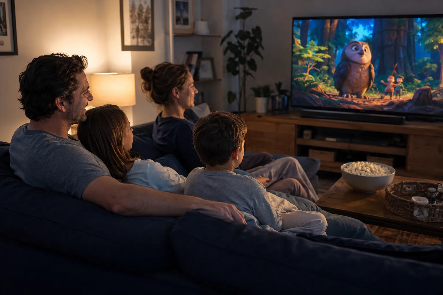 A family watching a movie together at home