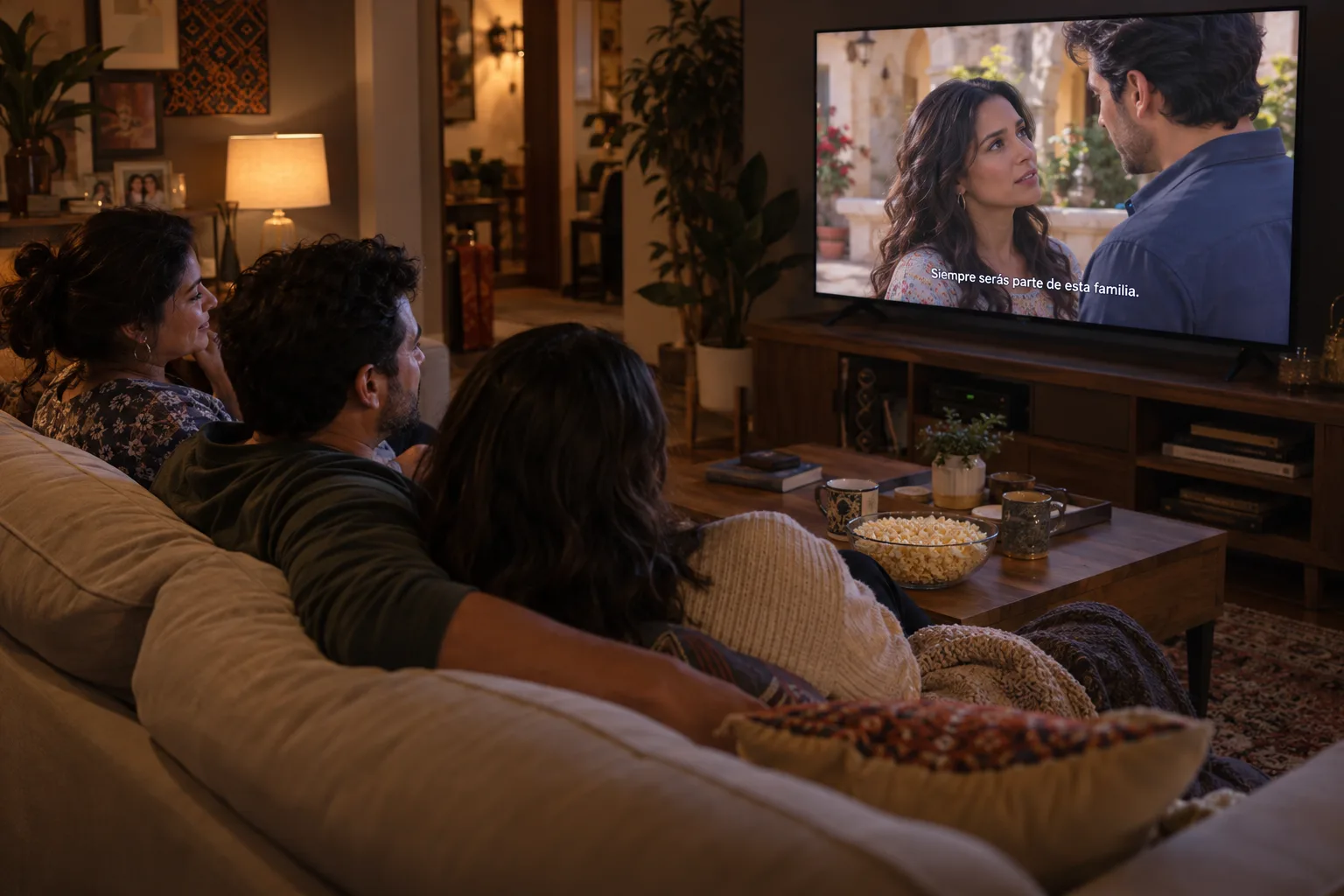 A family relaxing together while watching television.
