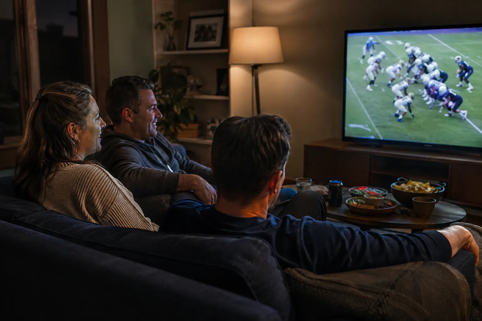 Three adults watching football together in a living room.