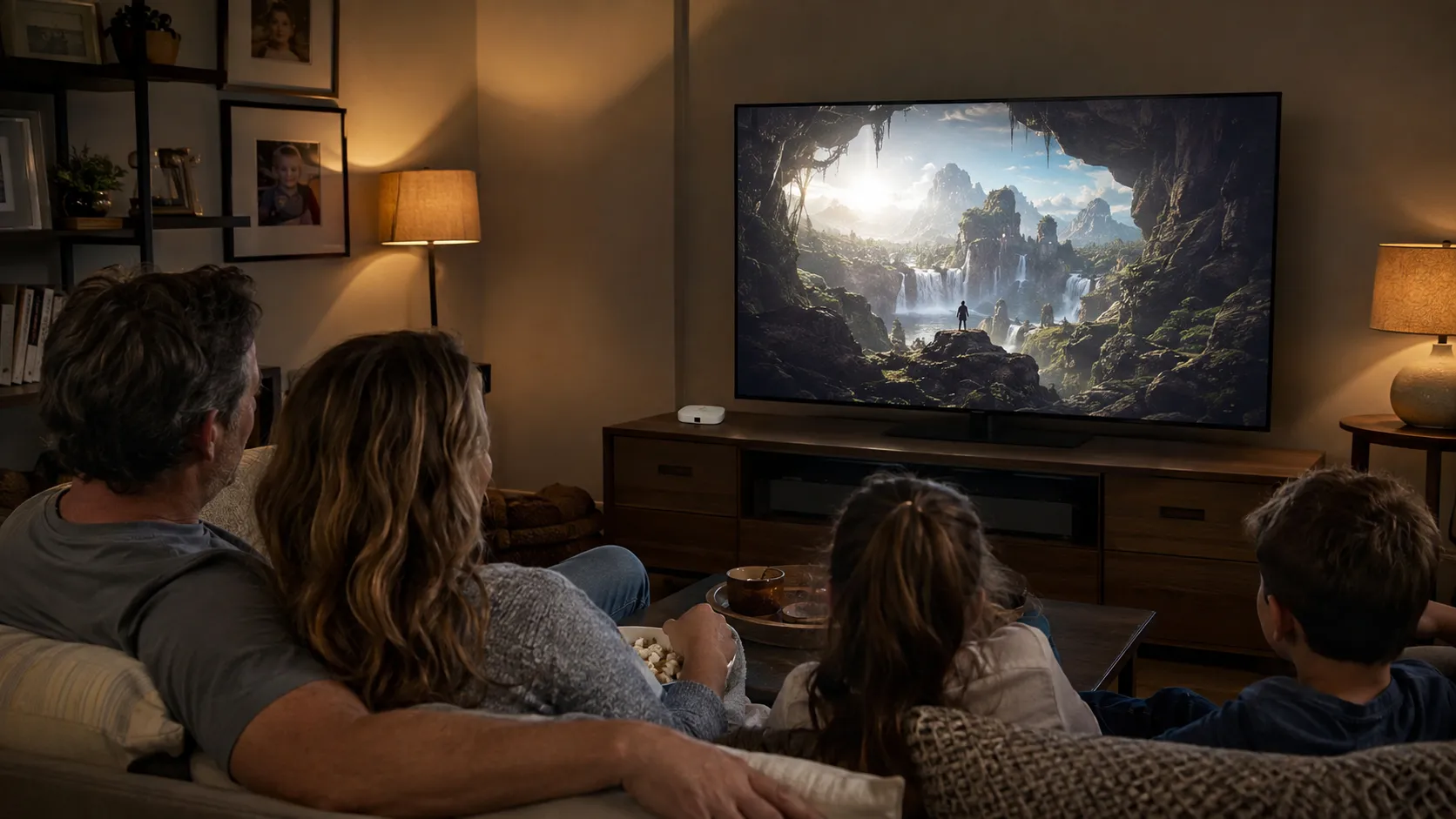 Family members of different ages watching CherryBox together