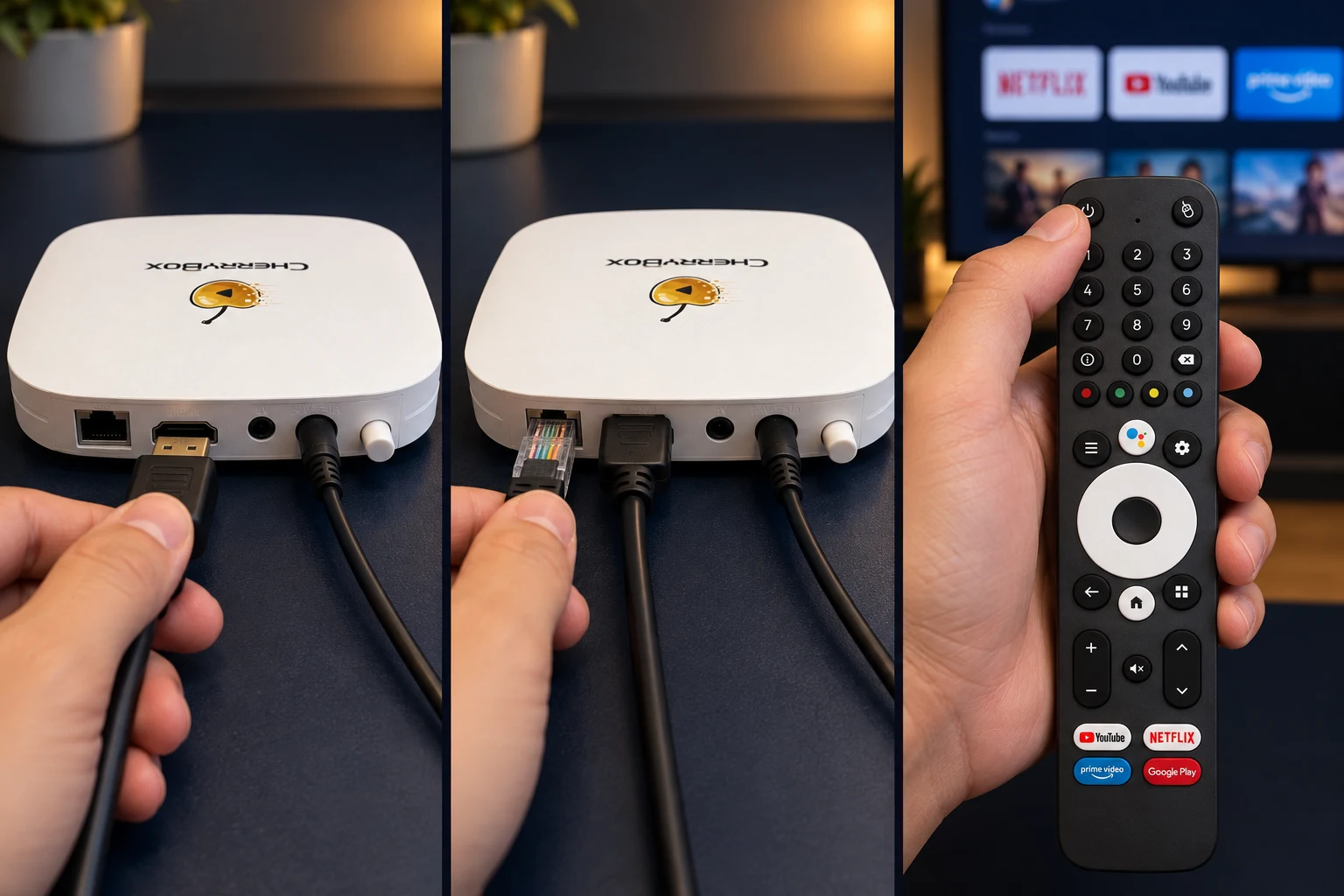 Close-up views of the CherryBox C6 Plus HDMI and Ethernet connections and its voice remote