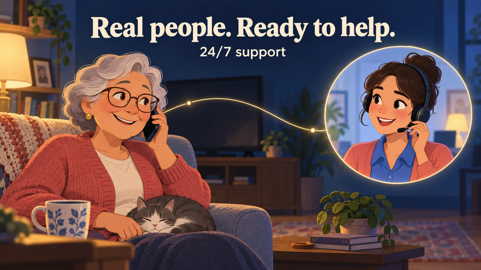 An older viewer contacts a friendly support representative. Human help is available 24/7.