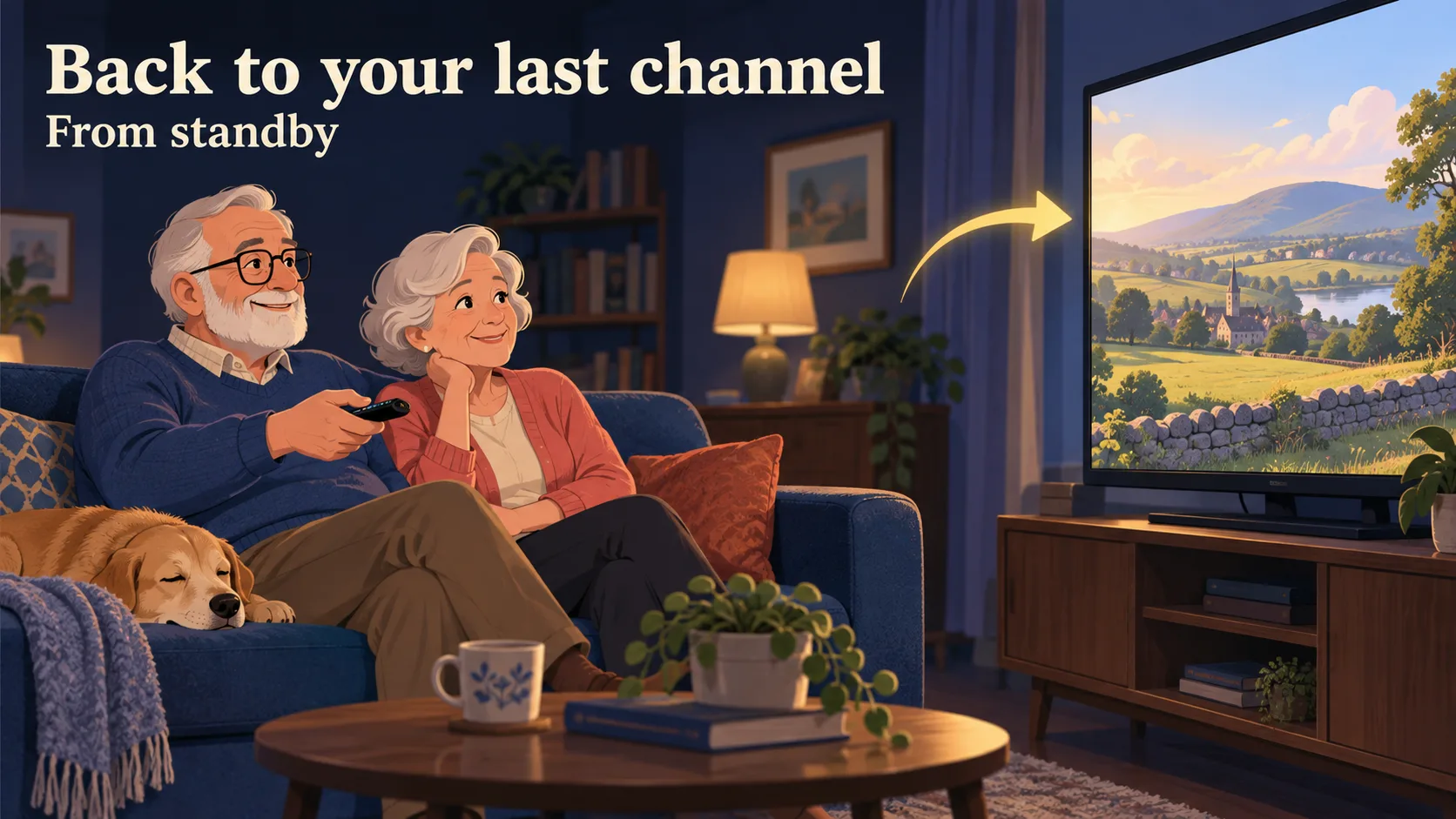 An older couple returns to their last channel after waking the box from standby.