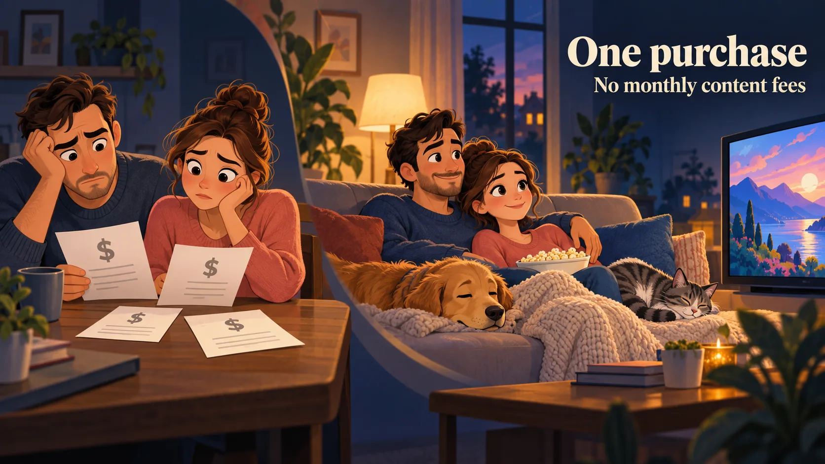A couple moves from worrying about subscription bills to enjoying television. One purchase, no monthly content fees.
