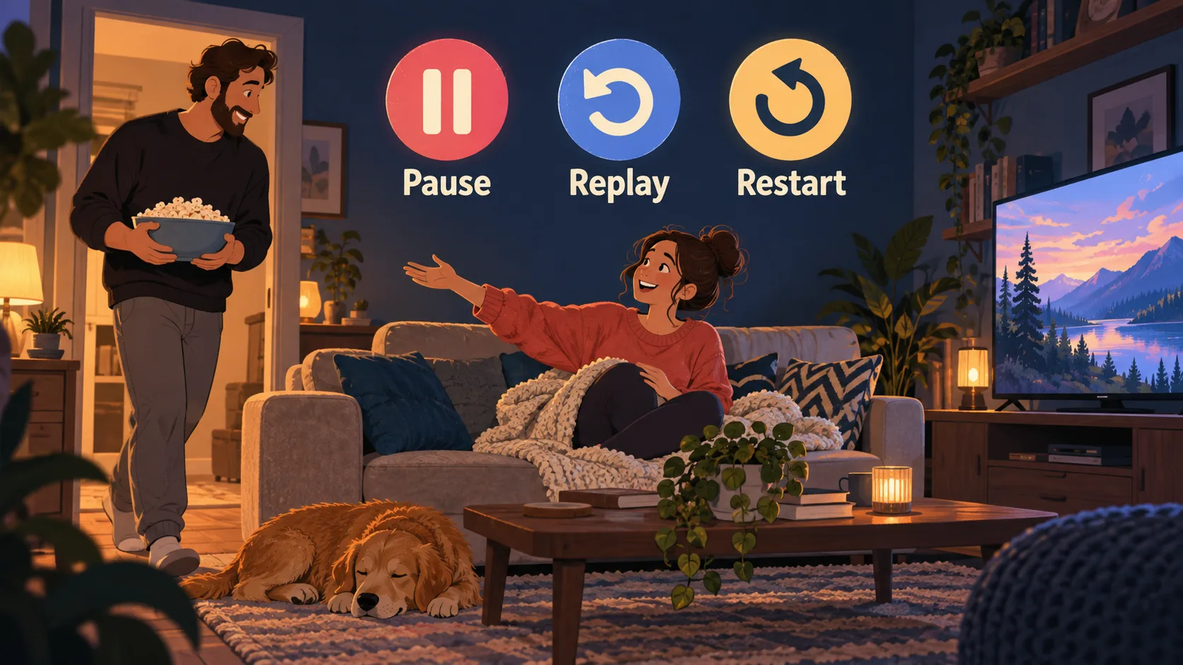 A couple watches around everyday interruptions with pause, replay and restart.