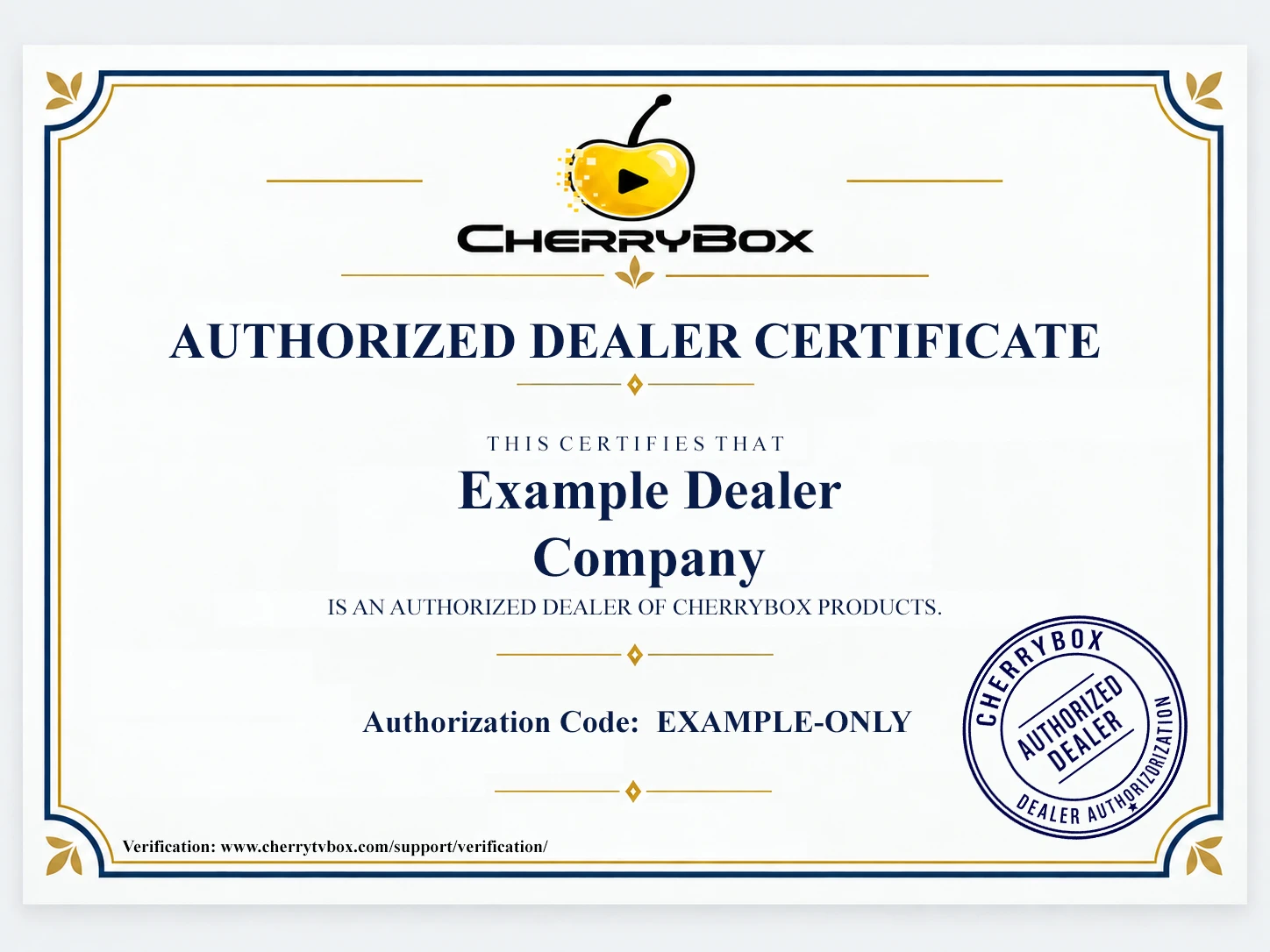 Example CherryBox dealer certificate showing the dealer name, authorization code, verification website and CherryBox stamp.